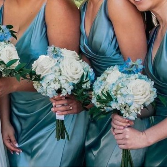 Charmeuse Draped Strappy Bridesmaid Dress, Dusty Blue color, in size 2. - Picture 4 of 4